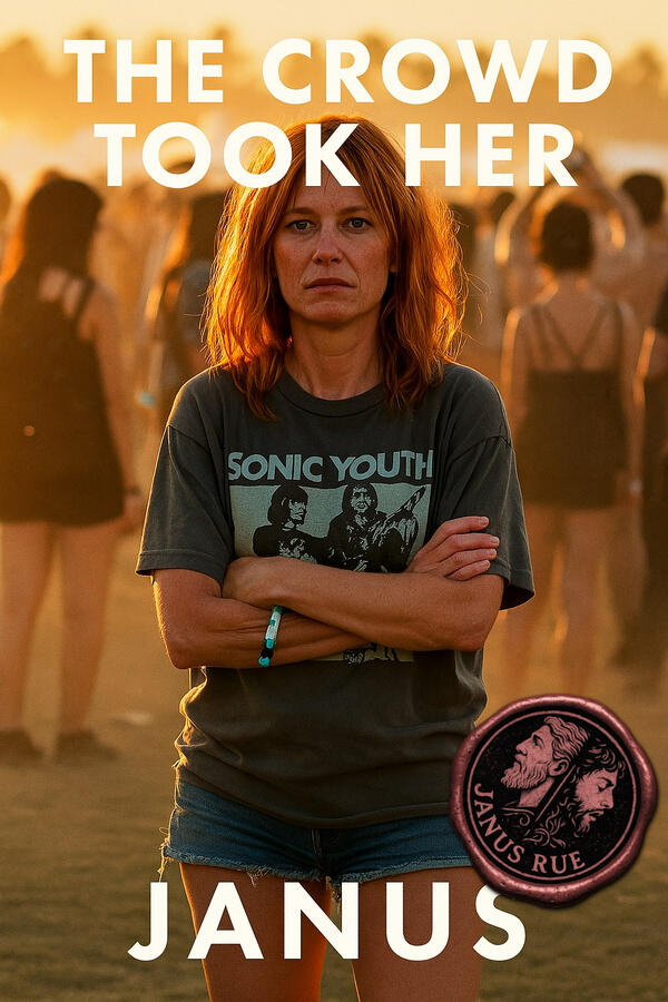 Redhead woman in Sonic Youth shirt at music festival crowd, staring ahead after public exposure and forced submission in CMNF erotica novella by Janus Rue