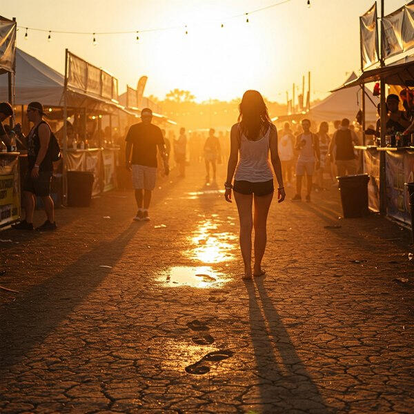 Woman in white tank top walking barefoot into a sunset-lit festival vendor alley, unaware she's about to be stripped, exposed, and denied in front of a crowd in CMNF humiliation erotica