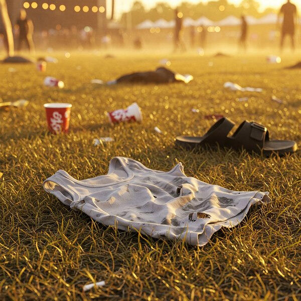 Woman in white tank top walking barefoot through sunlit vendor alley at music festival, unaware she’s about to be exposed, stripped, and denied in public in a CMNF humiliation story